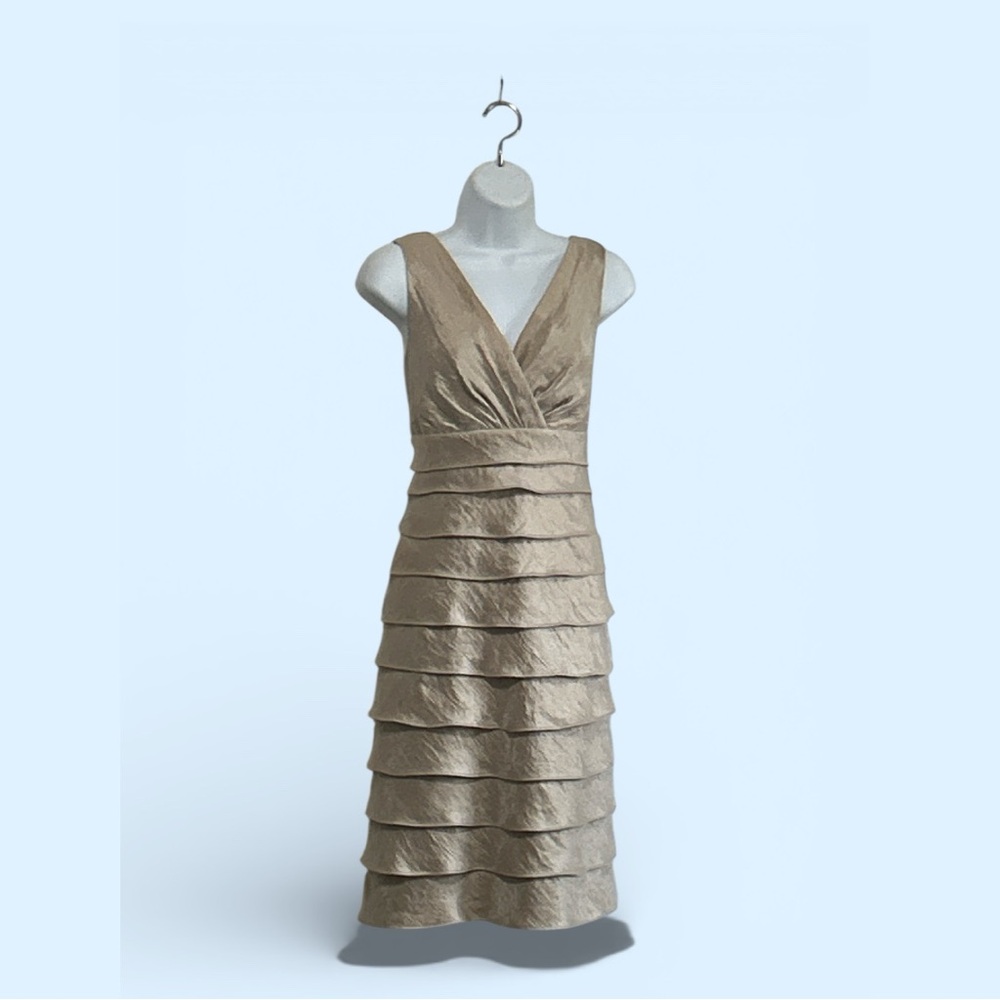 London Times Champagne Ruffled Knee Length Sleeveless V Neck Cocktail Evening